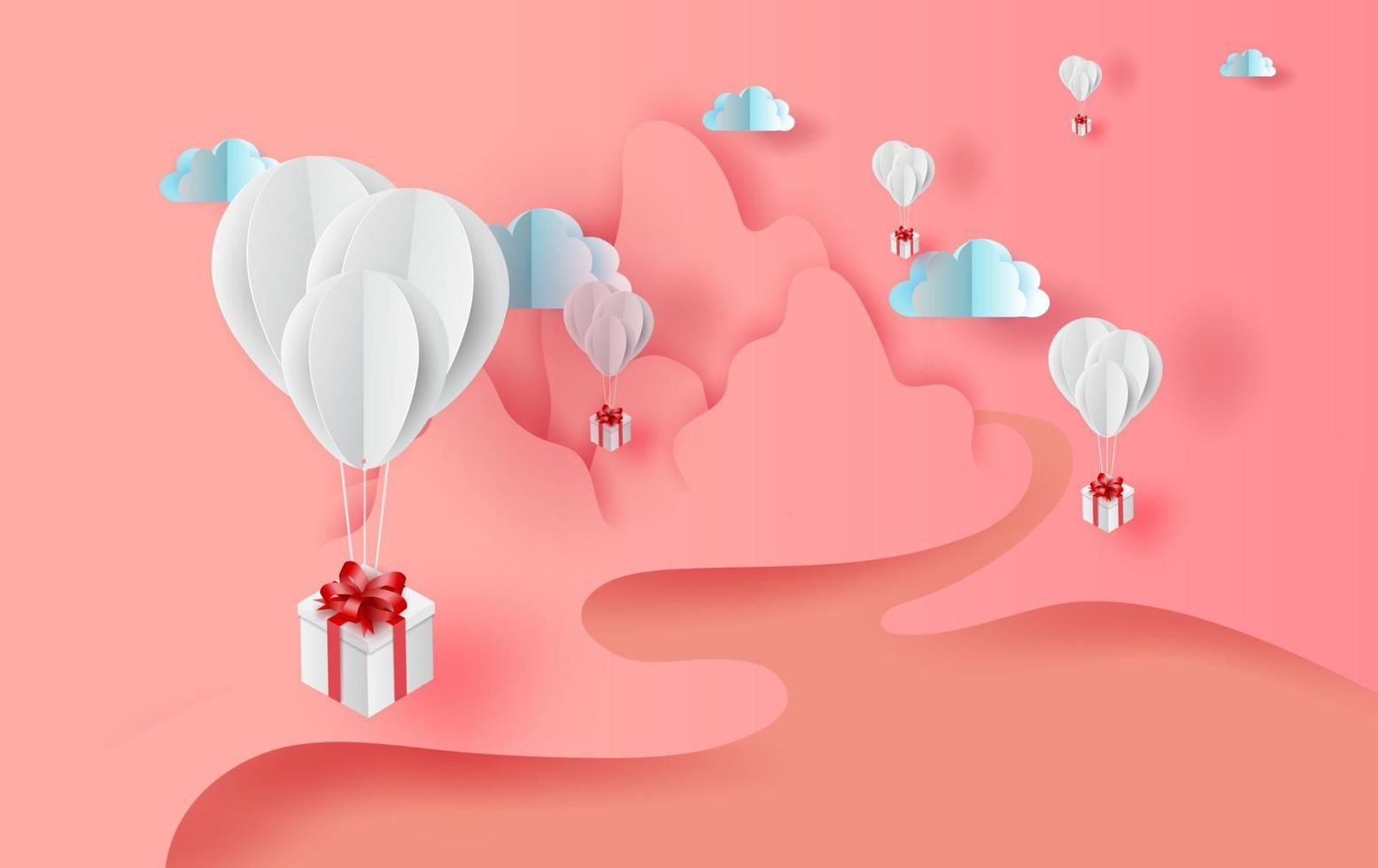 3D papper konst av vita ballonger gåva flytande med natur landskap visa scen plats för din text utrymme söt rosa färg pastell bakgrund. Alla hjärtans dag concept.elements vektor för gratulationskort.