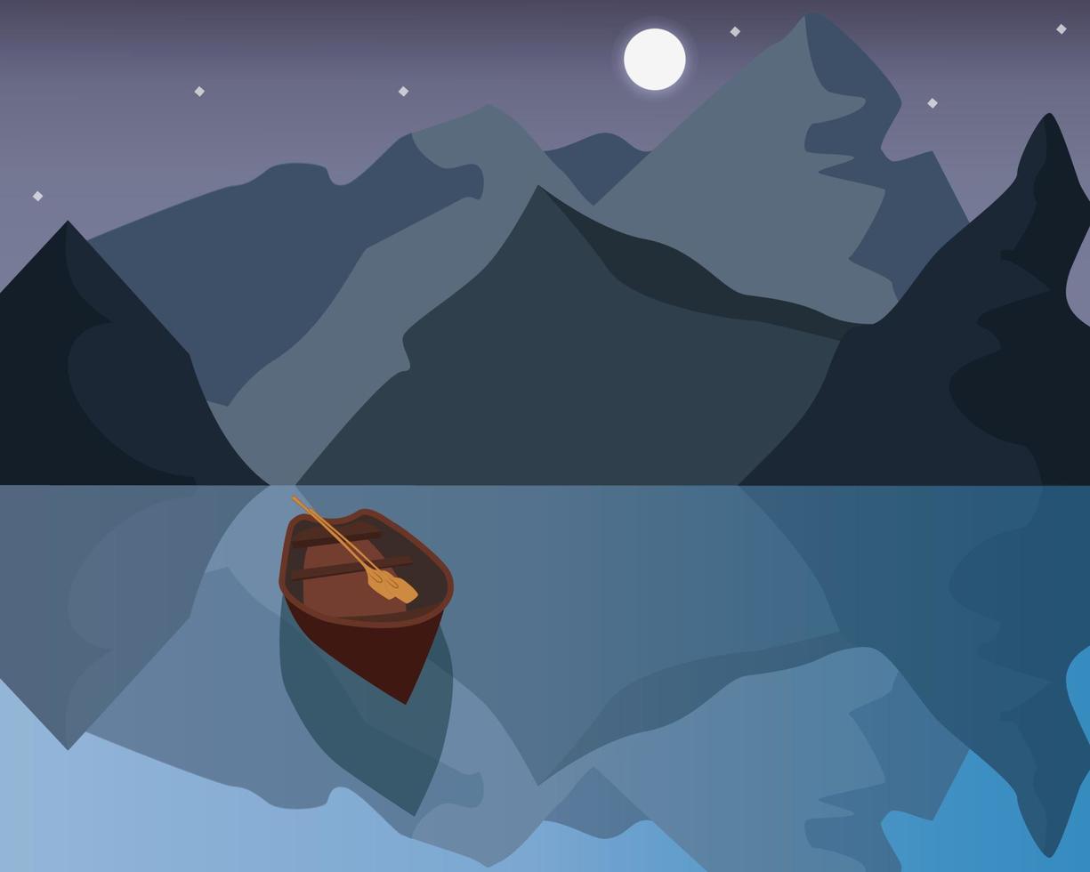 Nachtlandschaft mit Bergen, Mond und Sternen. Boot auf dem Meer. Abbildung der wilden Natur. Vektor mit Holzboot