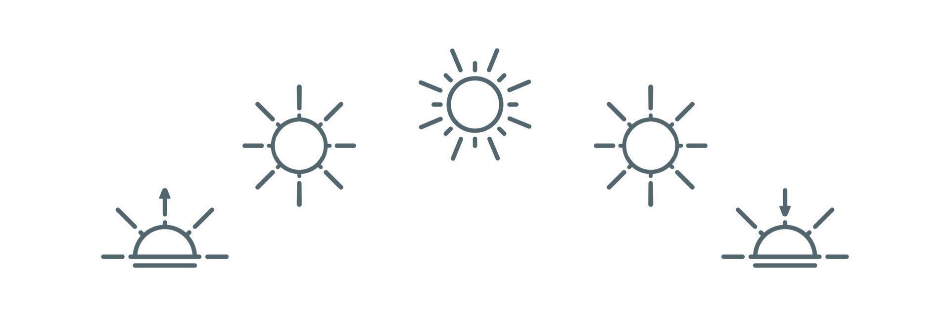 Sonnenaufgang Sonnenuntergang Linie Symbolsatz. tagsüber lichtzeichen. isoliertes Objekt auf weißem Hintergrund. Vektor