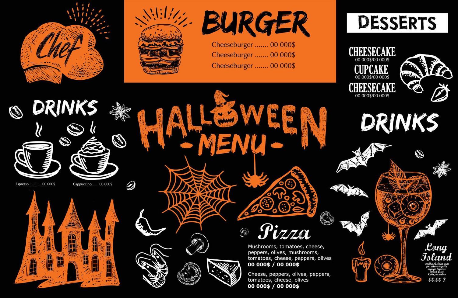 Restaurant-Café-Menü, Vorlagendesign, Halloween-Menü, Lebensmittel-Flyer. vektor