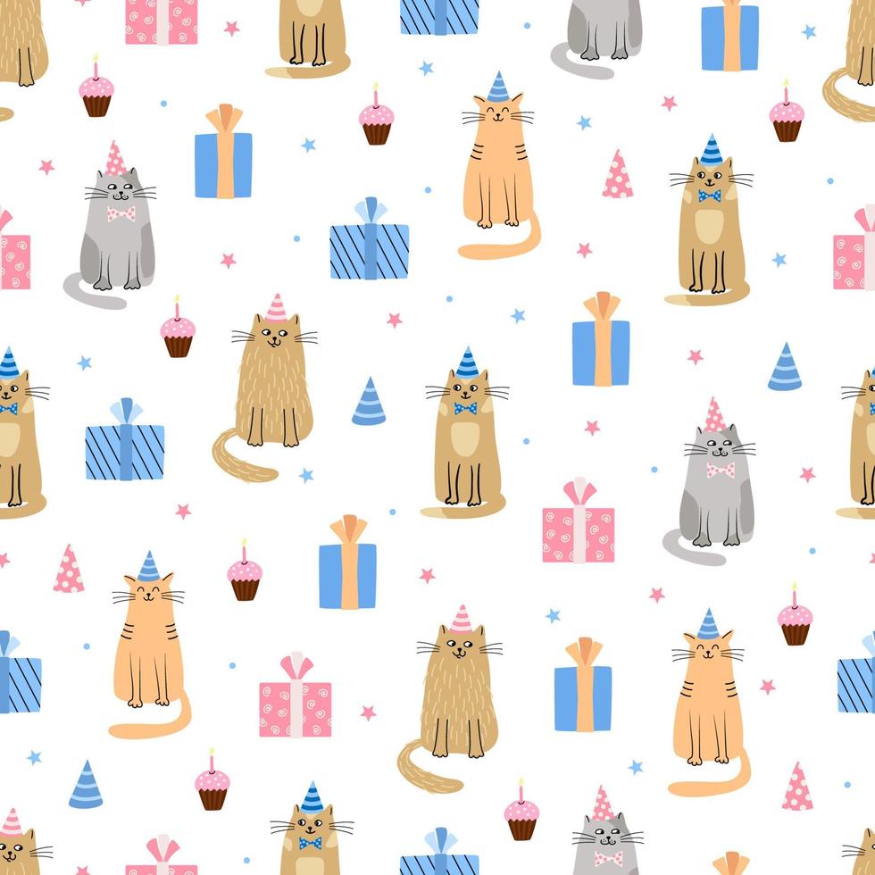 Vektor Musterdesign mit Katzen und Geschenkboxen. hand gezeichnete flache illustration. toll für Geschenkpapier.