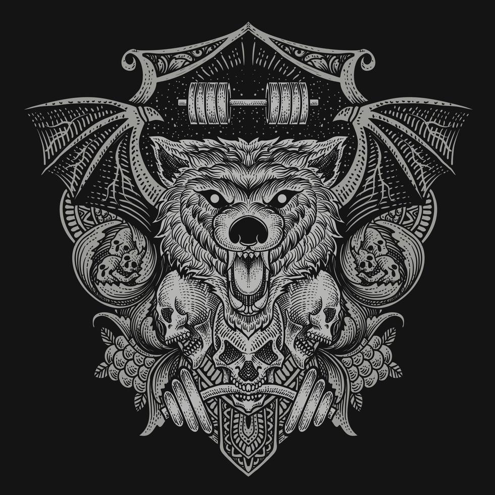 Illustration Baddas Wolfskopf mit Totenkopf mit Gravurornament vektor