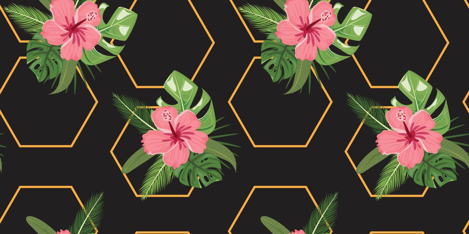 Hibiskus nahtlose Blümchenmuster auf schwarzem Hintergrund. geometrisches Muster mit Blumen. vektor