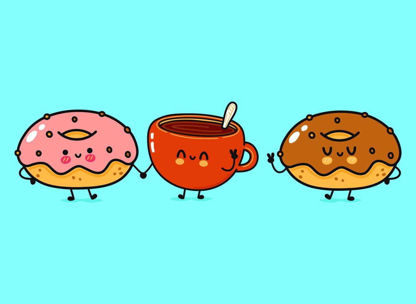 söt, rolig glad kopp kaffe och munkar karaktär. vektor handritad serie kawaii tecken, illustration ikon. rolig tecknad kopp kaffe och munkar vänner koncept