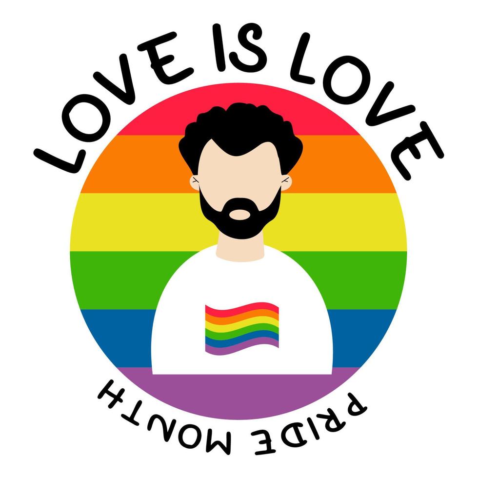 hbt pride månad. kärlek är kärlek. vacker man gay på rund lgbt pride flagga i regnbågens färger. LGbtq-symbol. mänskliga rättigheter och tolerans. vektor illustration. gay parad groovy firande.