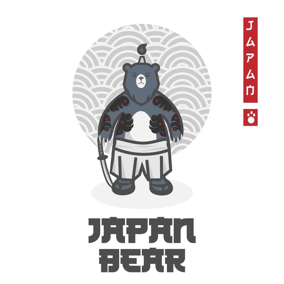 japanisches bärenkarikatur-illustrationslogo mit tätowierung und schwert vektor
