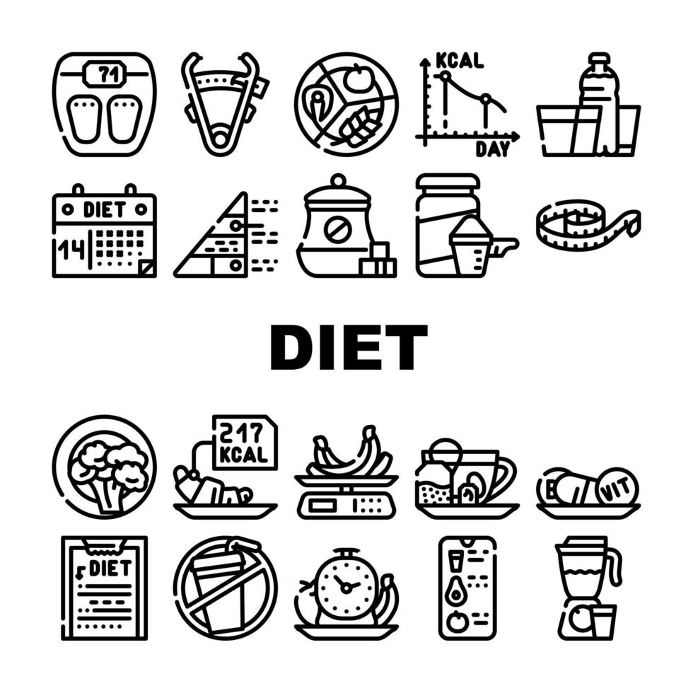 dietprodukter och verktyg samling ikoner set vektor