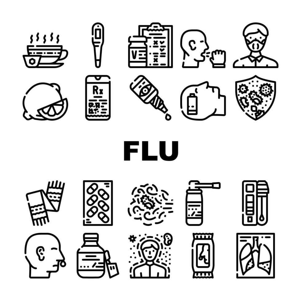 Sammlungssymbole für die Behandlung von Grippeerkrankungen setzen Vektor