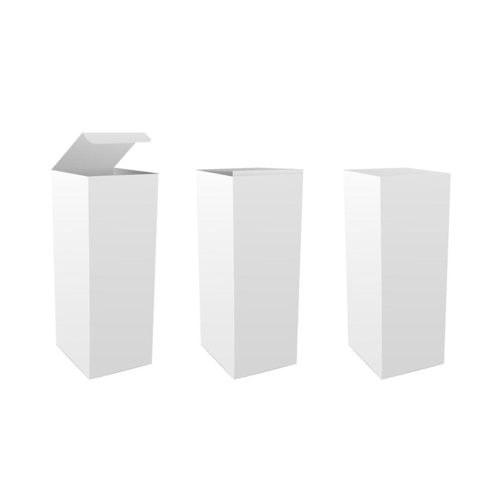 uppsättning av realistiska långa vita kartongmockup. vertikal hög kartong rektangulär kosmetisk eller medicinsk förpackning, papperslådor. isolerad samling av vektor 3d-illustrationer