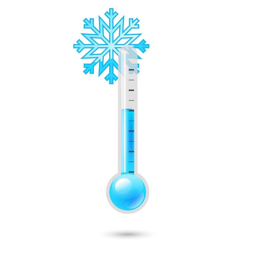 Temperatur-Wetterthermometer mit Celsius- und Fahrenheit-Skalen. realistisches 3d-wetterthermometer-symbol. Schneeflocke. kaltes Thermometer. isoliertes Symbol für Thermostat-Meteorologie-Vektor vektor