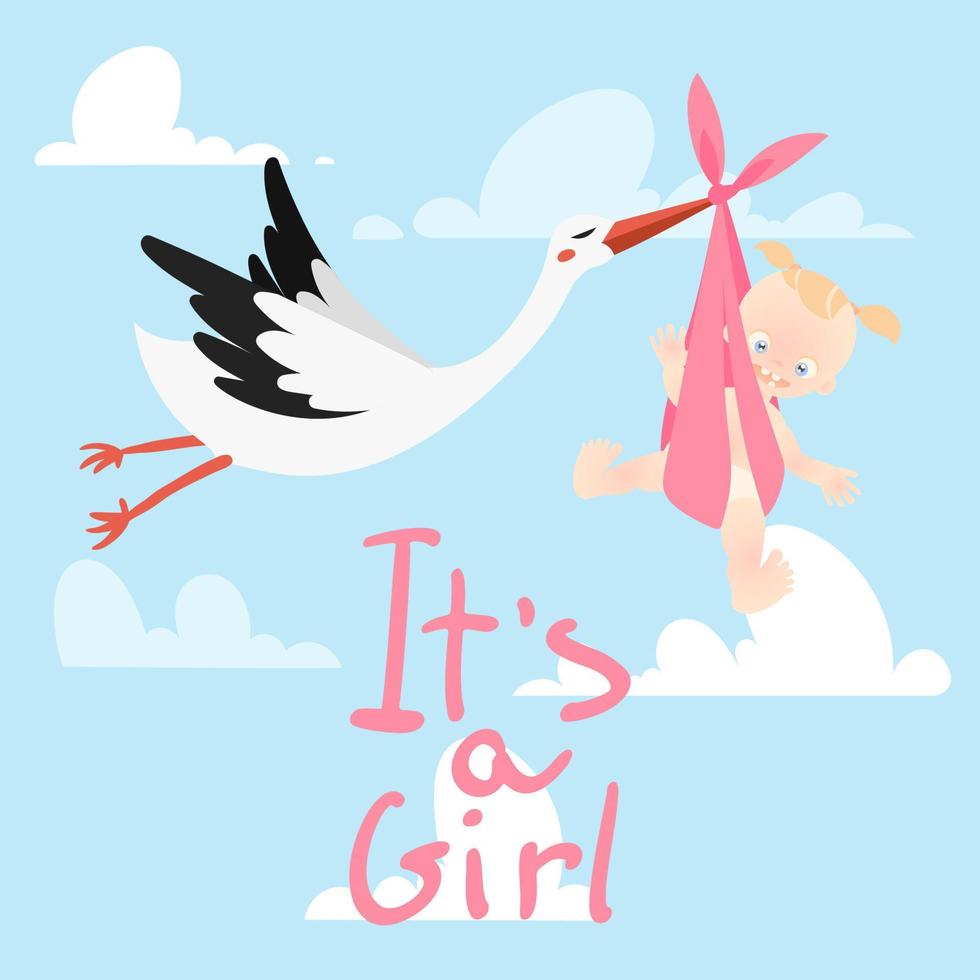 Storch, der ein nettes Baby trägt, ist ein Mädchen im Himmel mit Wolkenvektorillustration. vektor