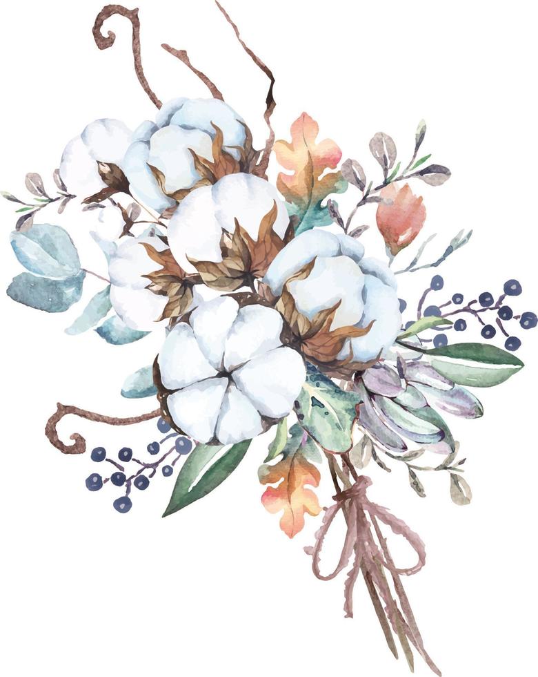 handritade akvarell bomullsblommor. lämpar sig för att dekorera inbjudningskort i vintagestil. bukett blommor. vektor
