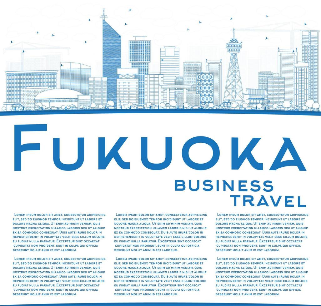 kontur Fukuoka skyline med blå landmärken och kopieringsutrymme. vektor