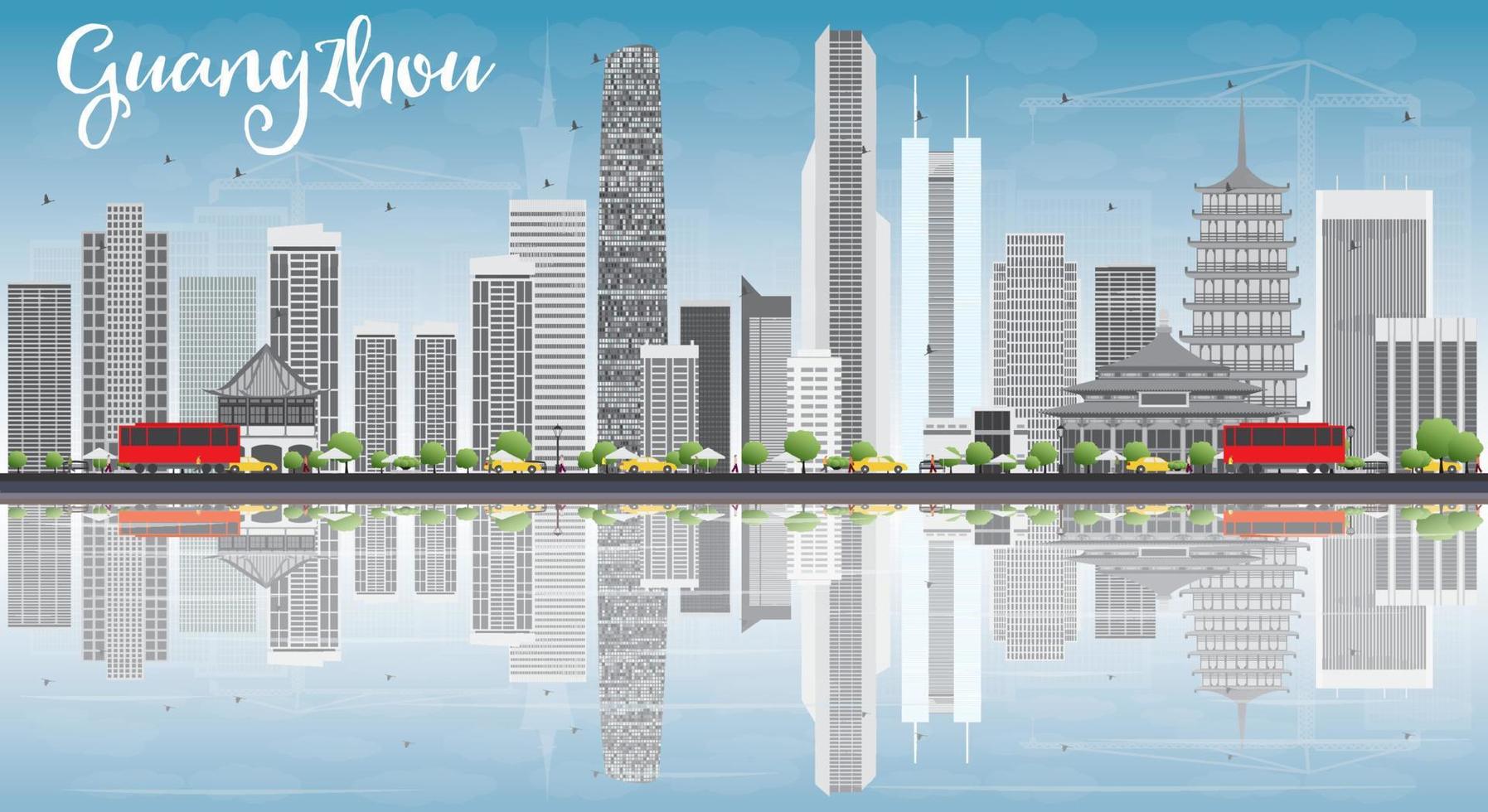 Skyline von Guangzhou mit grauen Gebäuden, blauem Himmel und Reflexionen. vektor
