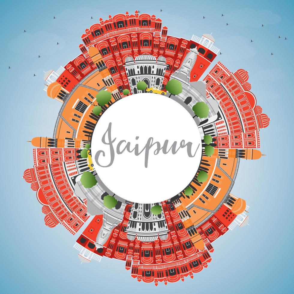 jaipur-skyline mit farbmarksteinen, blauem himmel und kopierraum. vektor