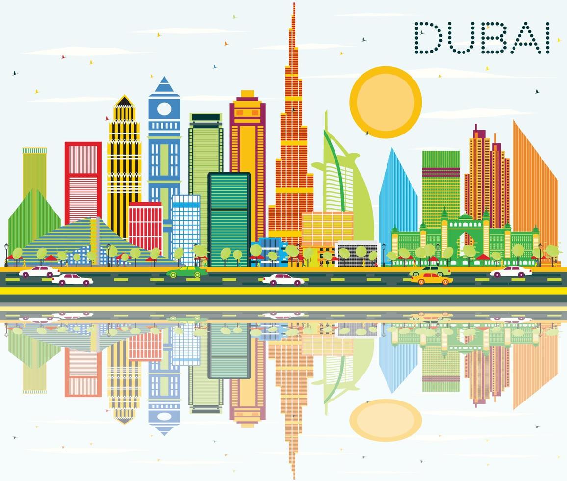 Dubais skyline med färgbyggnader, blå himmel och reflektion. vektor