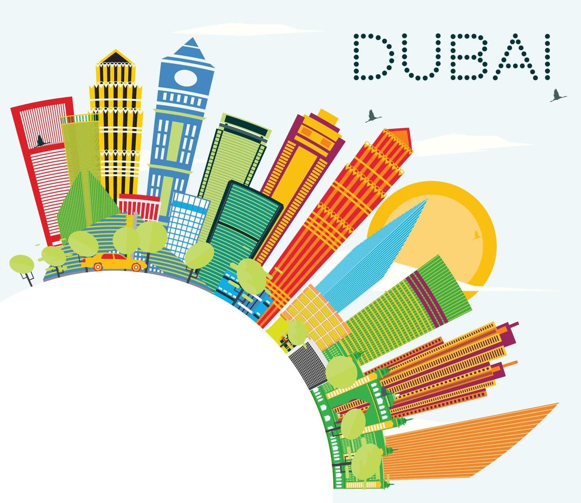 Dubais skyline med färgbyggnader, blå himmel och kopieringsutrymme. vektor