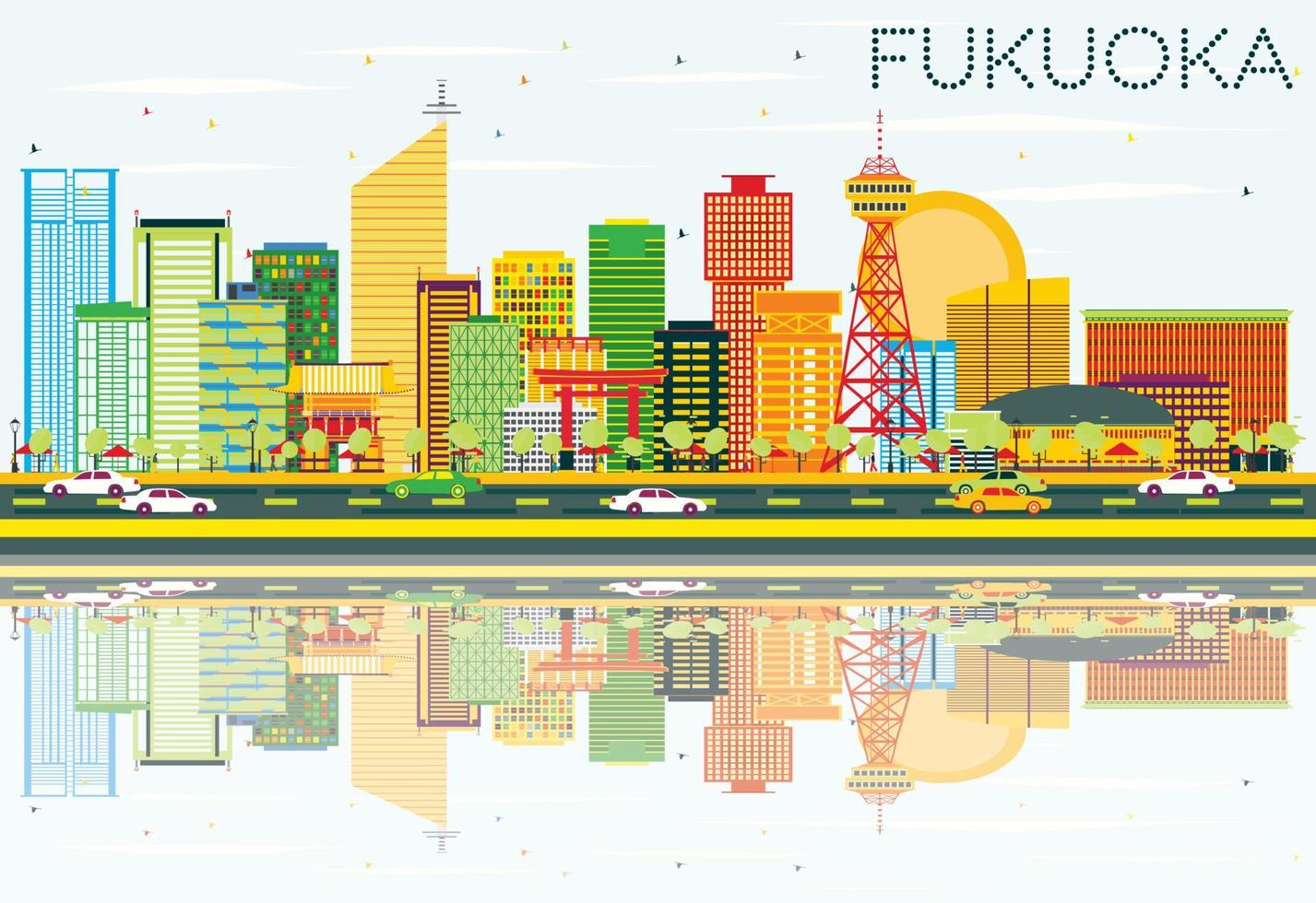 abstrakt fukuoka skyline med färg byggnader, blå himmel och reflektioner. vektor