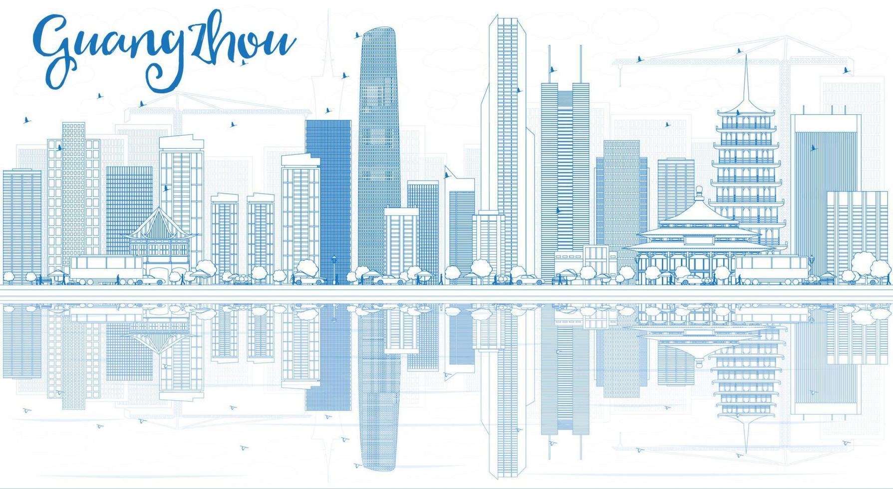 skissera Guangzhous skyline med blå byggnader och reflektioner. vektor