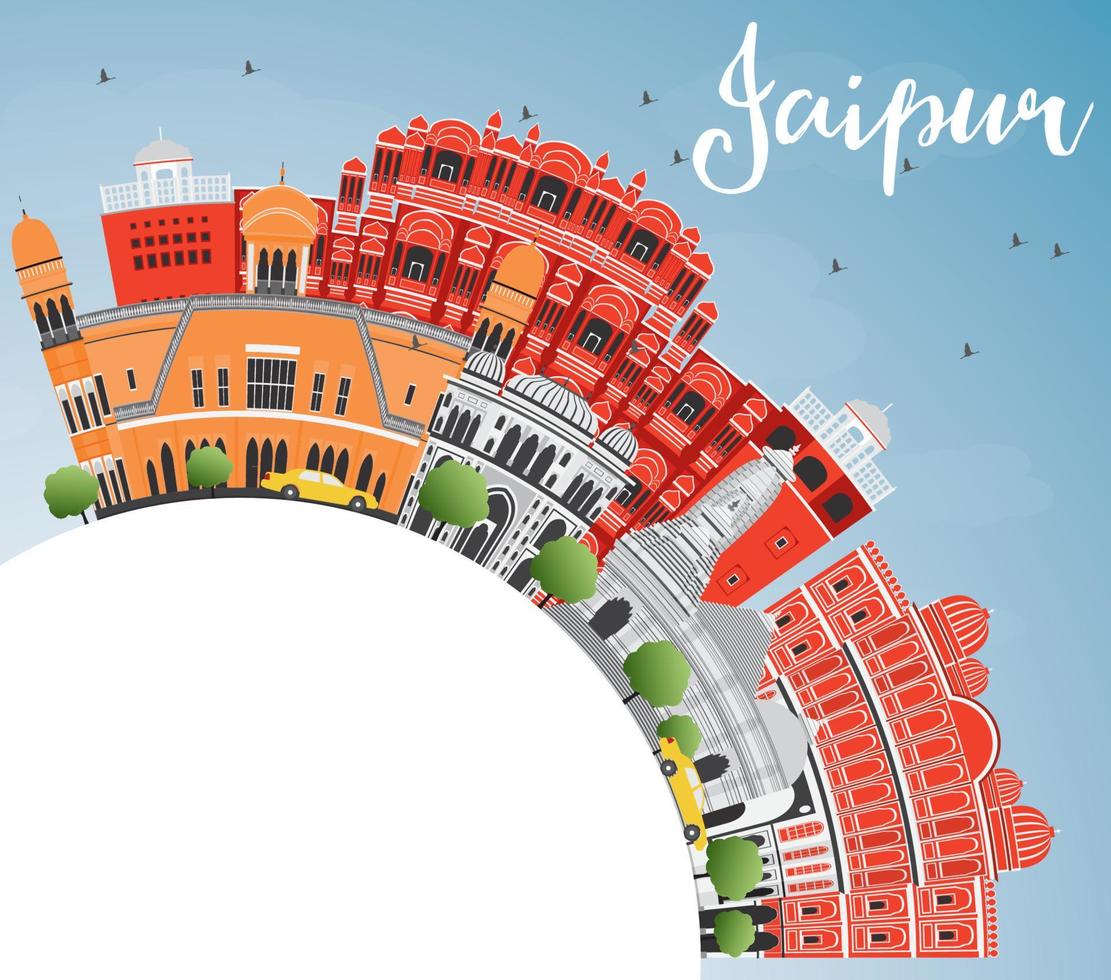 jaipur-skyline mit farbmarksteinen, blauem himmel und kopierraum. vektor