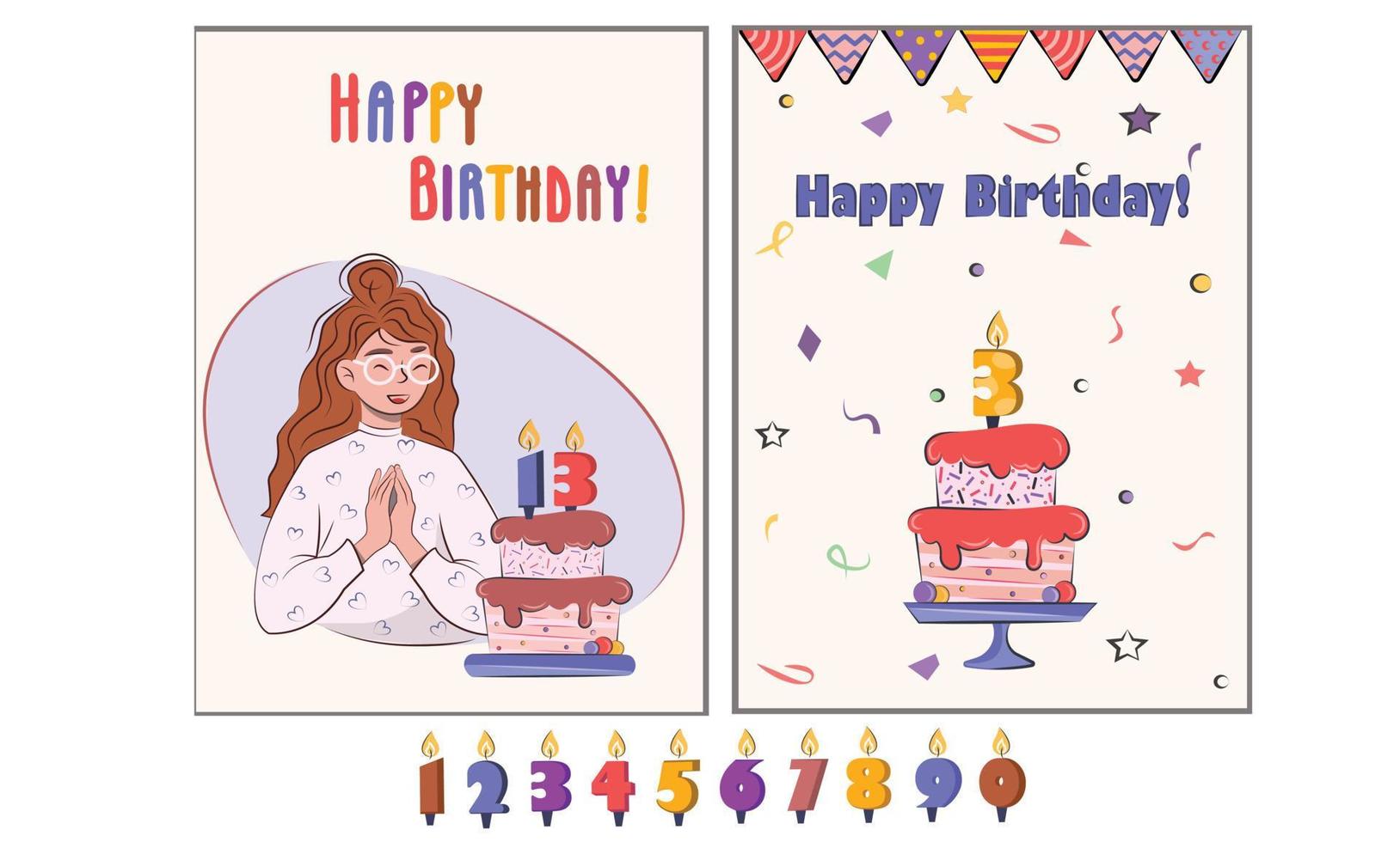 set samling av färgade ljusa bedårande platt vektor vykort inbjudan födelsedagsfest med ett lockigt ingefära hår flicka födelsedagstårta ljus nummer konfetti vektorillustrationer