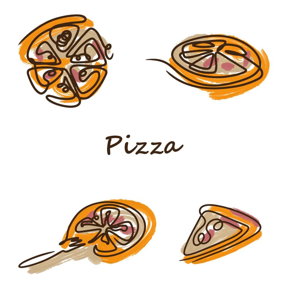 uppsättning pizza i doodle stil, välsmakande och färgglad vektor