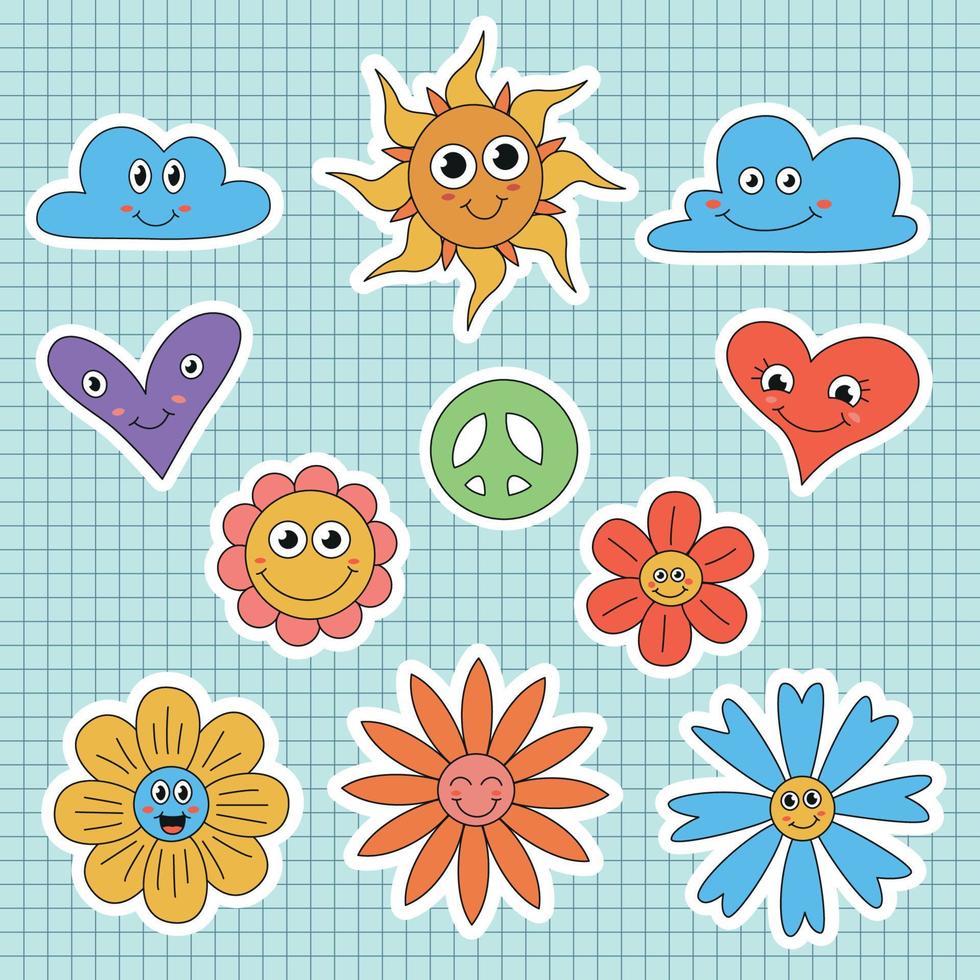 samling av doodle stickers med ansikte 1970-tal stil vektor