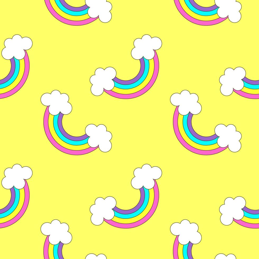 Muster mit kleinen Regenbögen und Wolken auf dem gelben Hintergrund. Grafikdesign. vektor