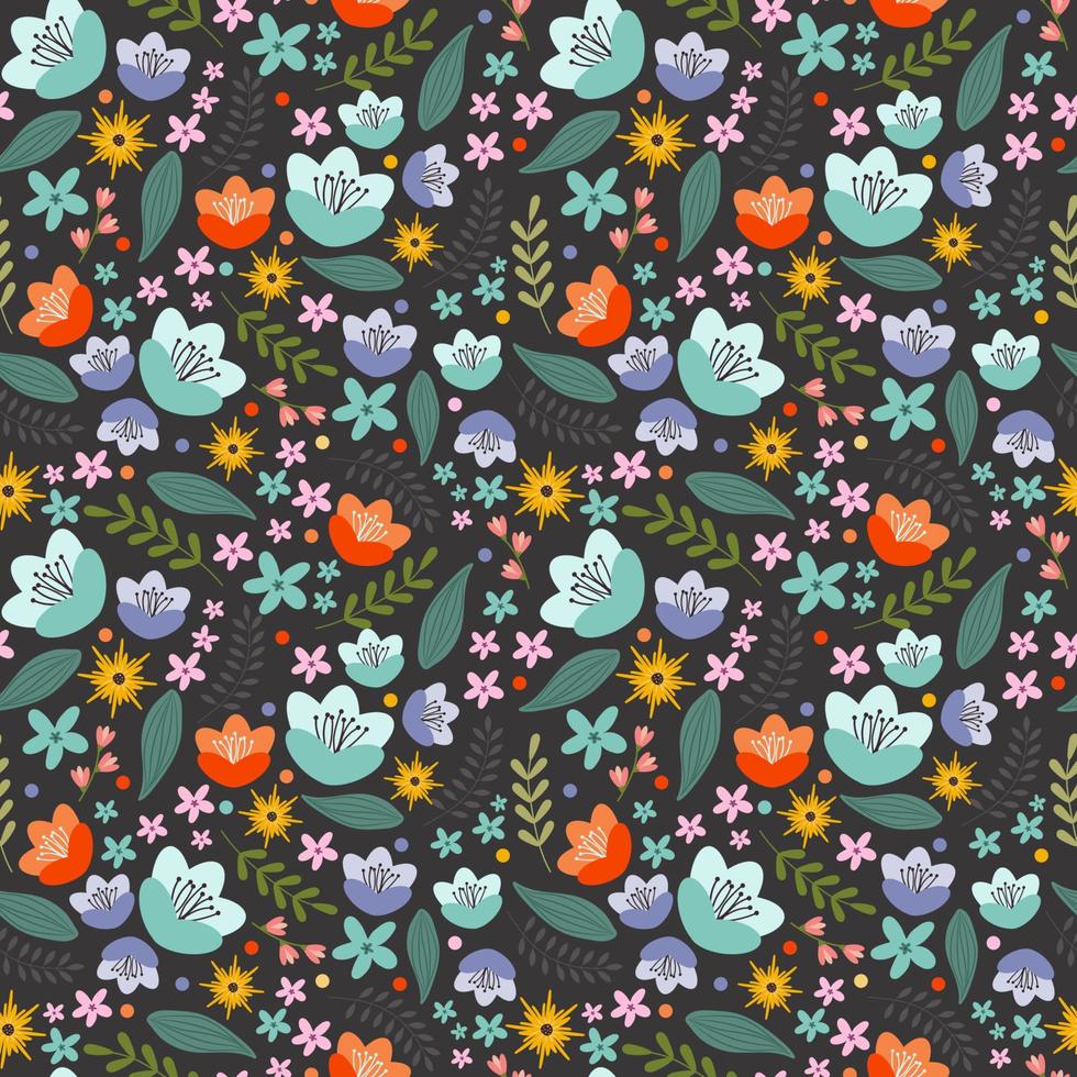 bunte nahtlose Blumenmuster. viele kleine Blumen auf dem schwarzen Hintergrund. Grafikdesign. vektor