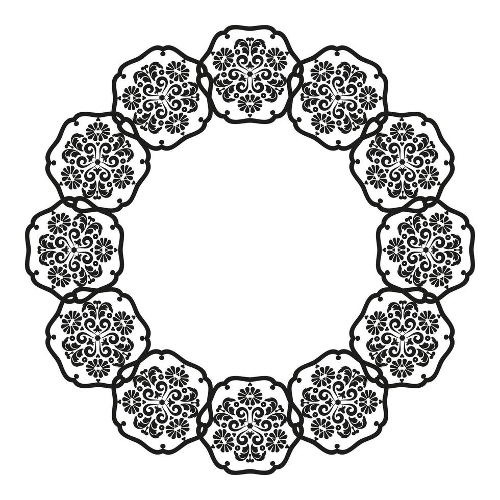 Mandala-Rahmen.für die Gestaltung von Rahmen, Speisekarten, Hochzeitseinladungen oder Etiketten, zum Laserschneiden, Erstellen von Mustern in Holz, Intarsien. digitale Grafiken. Schwarz und weiß. vektor