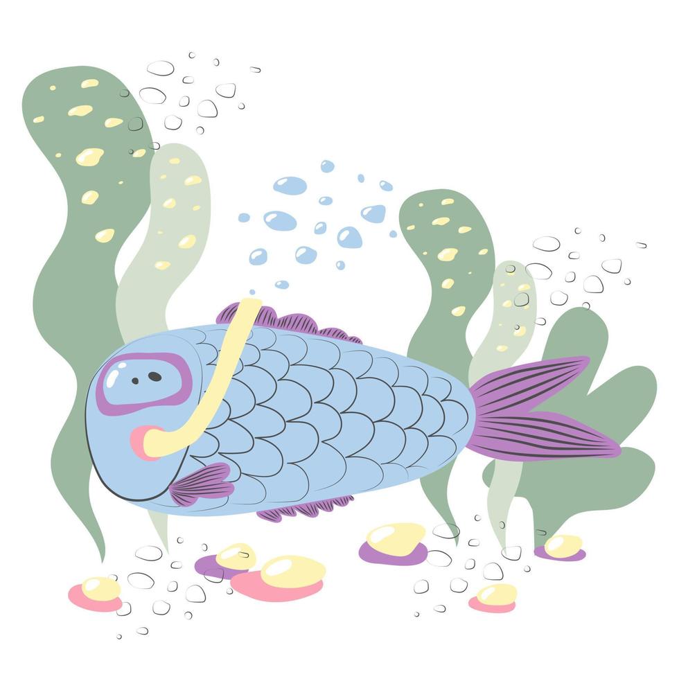Cartoon lustiger blauer Fisch in einer Unterwassermaske schwimmt auf dem Meeresboden zwischen den Algen. lustiger tropischer Fisch. tropischer urlaub. Fische unter Wasser. Abenteuer Tourismus. vektor
