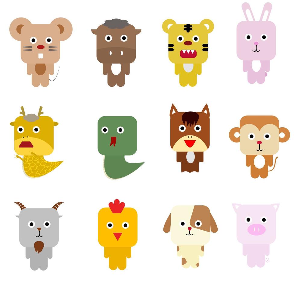Illustrator-Vektor eine Reihe von 12 chinesischen Tierkreiszeichen in Zeichentrickfigur vektor