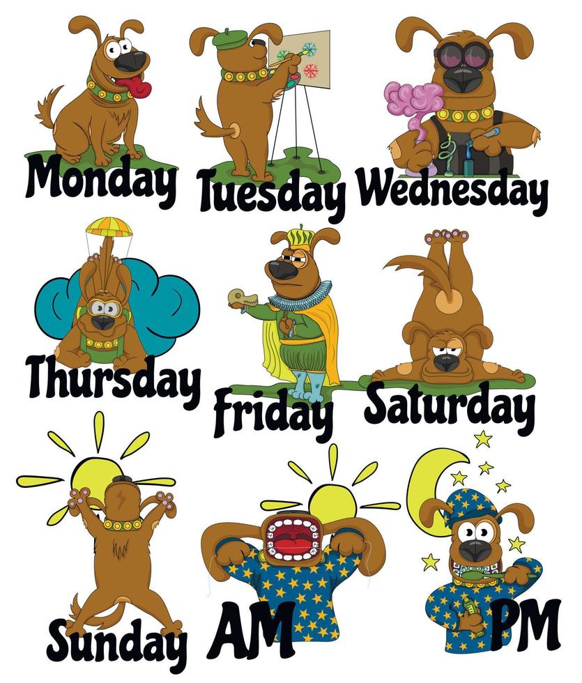 hund dagar i veckan färg. rolig hund ritad för hand vid olika tidpunkter i veckan. illustration av olika saker som muntrar upp varje dag. vektor