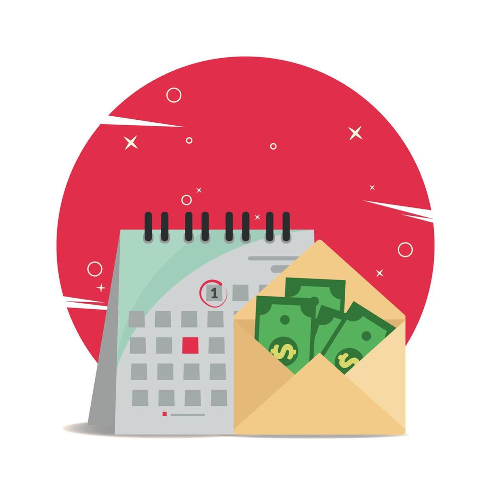 Kalender und Bargeld im Umschlag. Gehaltszahlung Icon Design Vector Illustration