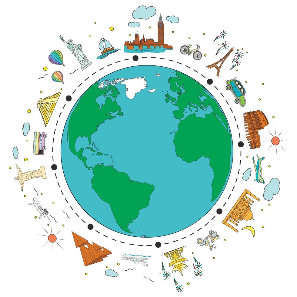 resefärgskiss. jorden med attraktioner och resa transporter. vektor illustration för resebyrå.