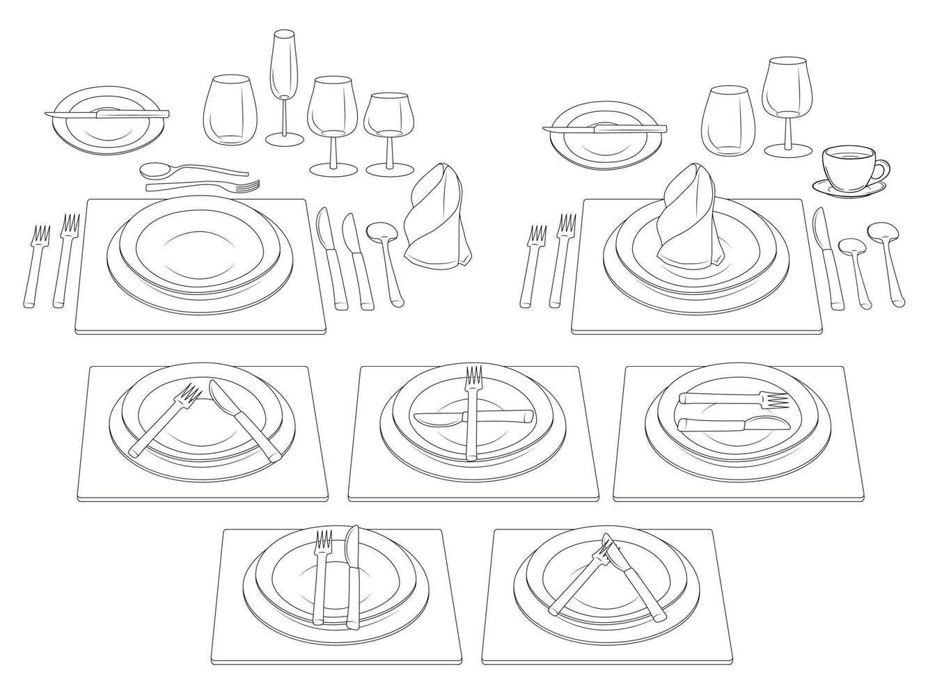 Etikette am Tisch. Verhaltensregeln mit Besteck. Messer und Gabel kontrollieren. offizielle und informelle Tischverabredungen. Illustration. Vektor. vektor