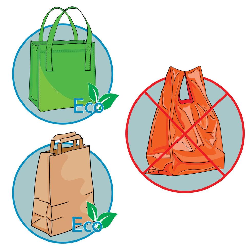 illustration av shopping eco påsar kontra plast. en textilpåse, en papperspåse och en plastpåse. ikoner för val av förpackningsmaterial som inte skadar miljön. vektor