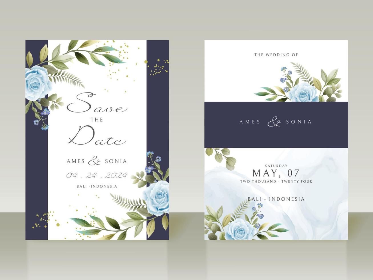 eleganta blå blommor bröllopsinbjudningar vektor
