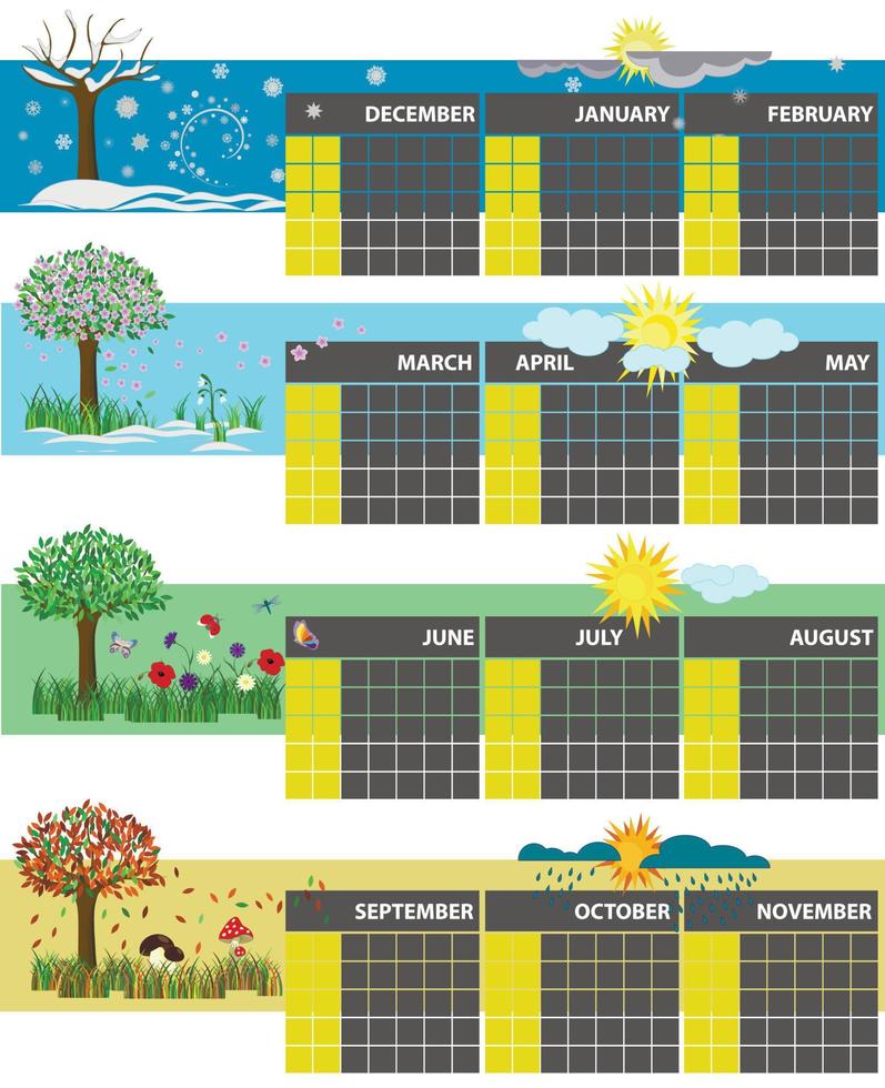 universell kalender för året. fyra säsonger. vinter vår höst sommar. bakgrund för kalendrar, som kan fyllas i manuellt eller justeras för utskrift. vektor