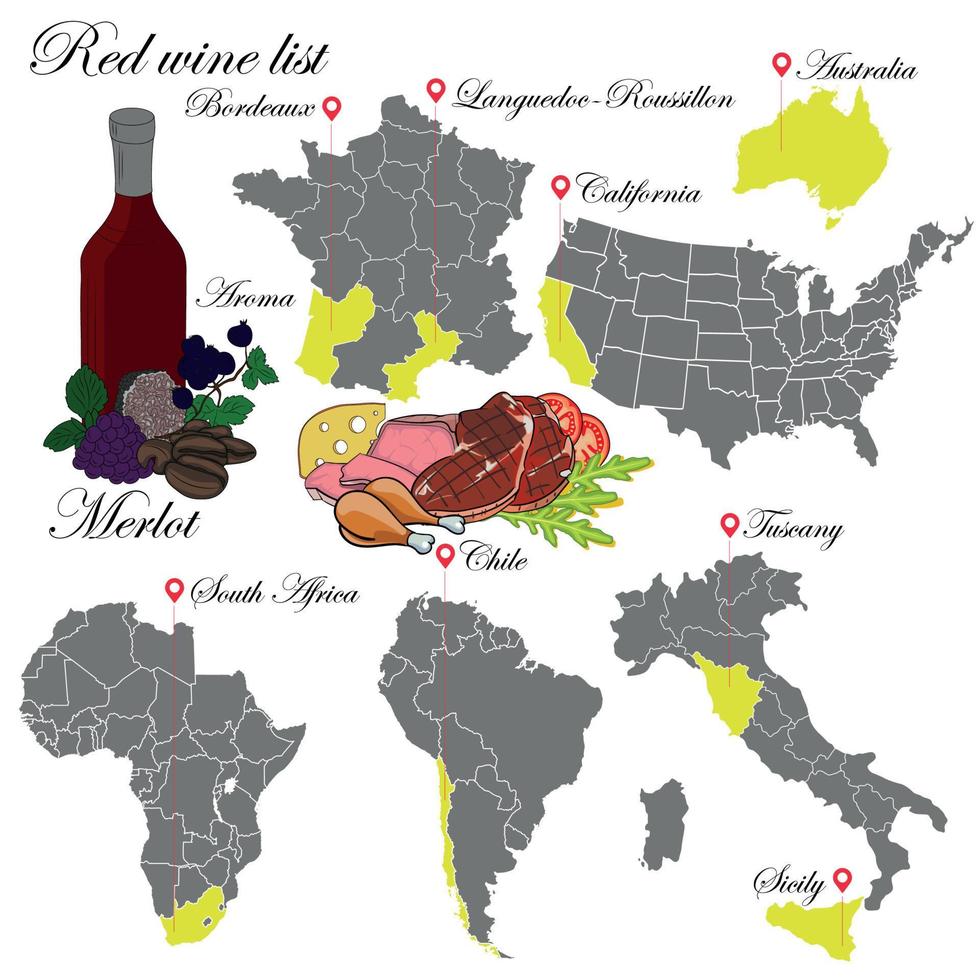 merlot. vinlistan. en illustration av ett rött vin med exempel på aromer, en vingårdskarta och mat som matchar vinet. bakgrund för meny och vinprovning. vektor