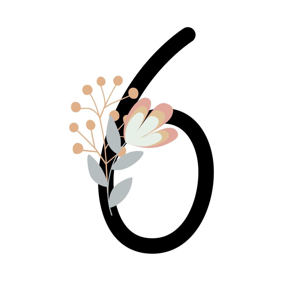Nummer sechs mit Blumen verziert, florale Monogramm-Vektorillustration im einfachen Boho-Stil, flache pastellfarbene dekorative Schriftsammlung vektor