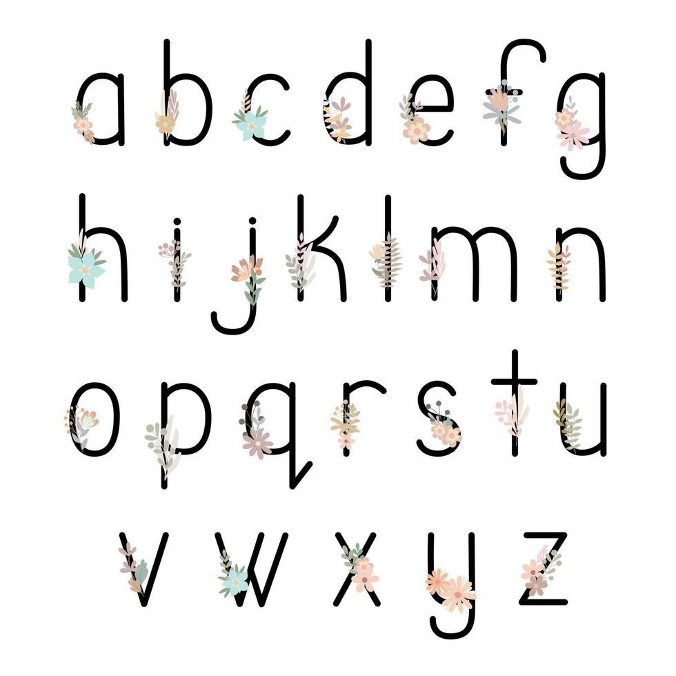 Buchstaben von Englisch, Kleinbuchstaben des lateinischen Alphabets, verziert mit Blumen, Blumen-ABC, Monogramm-Vektorillustration im einfachen Boho-Stil, flache pastellfarbene dekorative Schrift vektor