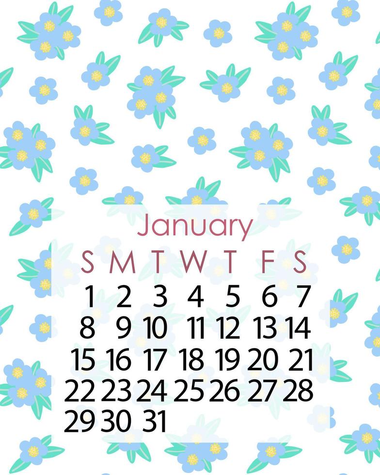 kalenderseitenvorlage für januar 2023 im einfachen minimalistischen stil, auf dem zarten unscharfen blumenmusterhintergrund beginnt die woche am sonntag, vektordruckseite vektor