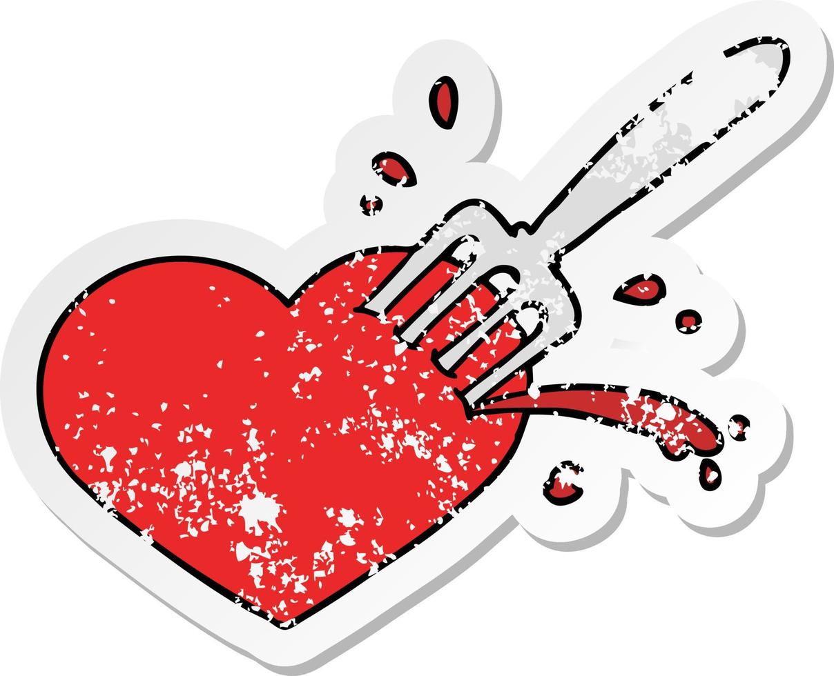 bedrövad klistermärke av ett tecknat kärlekshjärta fast med gaffel vektor