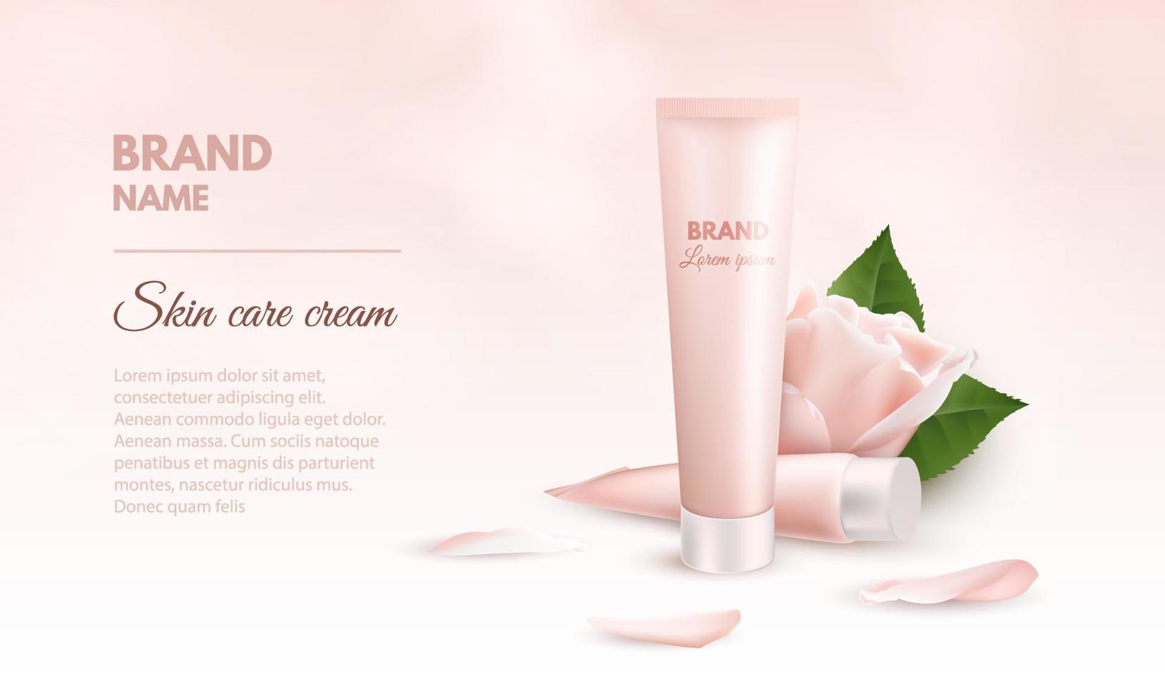 realistisk 3d-bannermall för hudvårdskräm. annonsförpackning mockup för kosmetiska och medicinska produkter med två tuber grädde, blomma och kronblad ros. vektor illustration