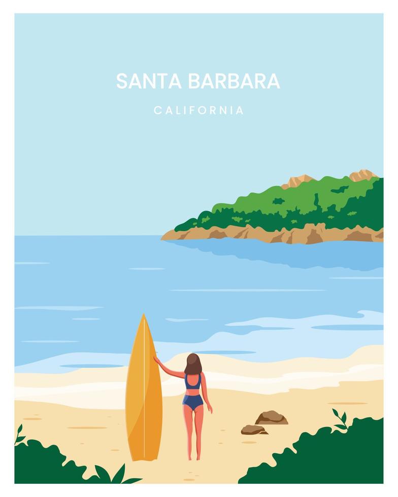 santa barbara beach med flicka håller surfbräda, vektor illustration bakgrund. lämplig för affisch, vykort, mall.