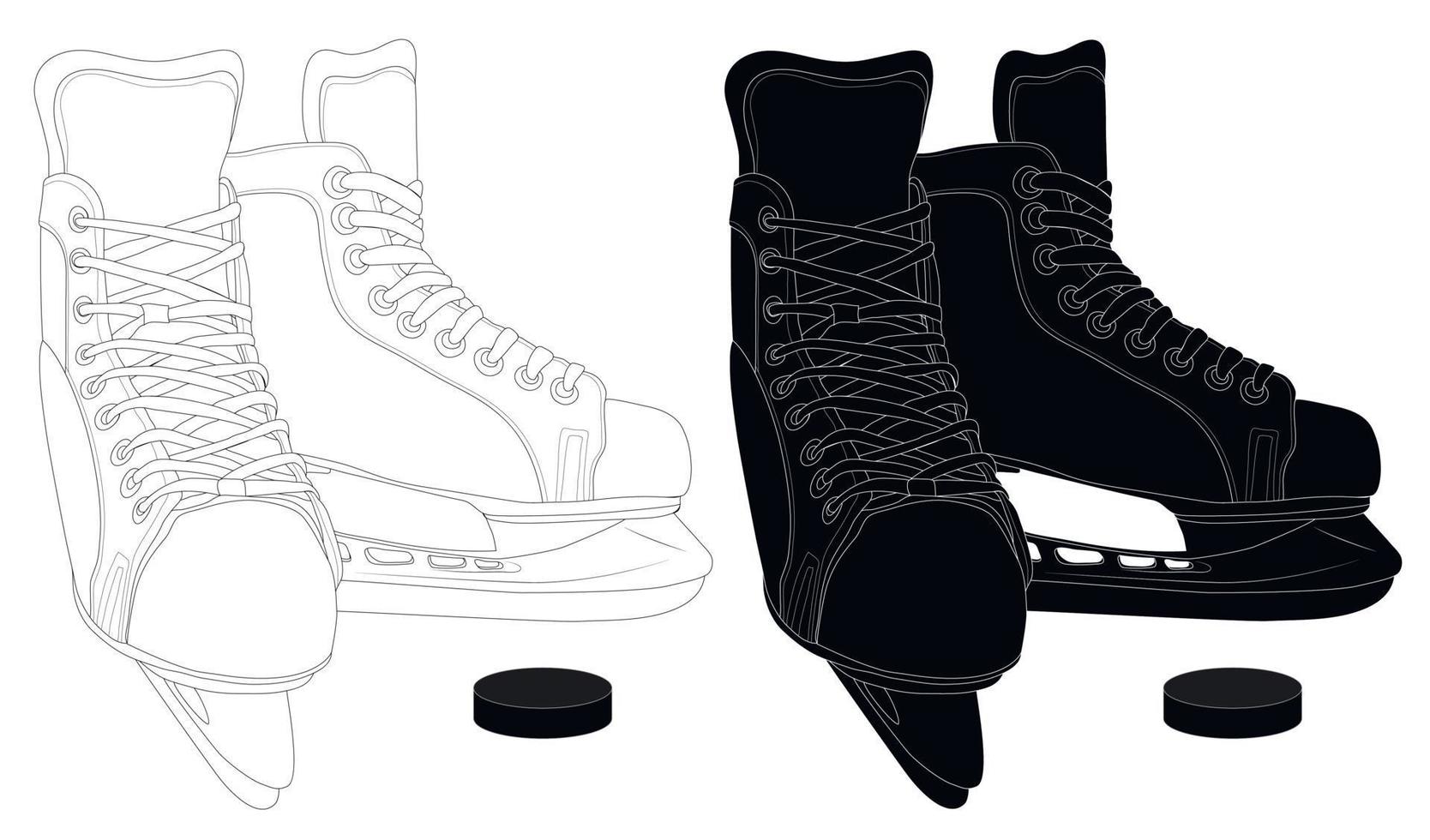 skridskor för hockey och skridskoåkning. vektor svartvit illustration som kan användas som ett emblem eller klistermärke, för textil eller tryck. ikon för sport konståkning sektioner.