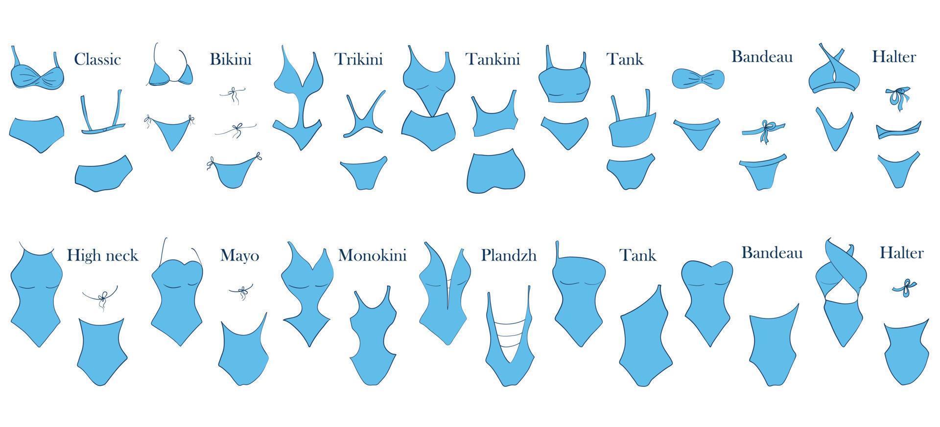 Arten von Damenbadebekleidung. Abbildung eines einteiligen und eines zweiteiligen Badeanzugs mit einem Namen und einem Beispiel für eine Rück- und Vorderansicht. vektor