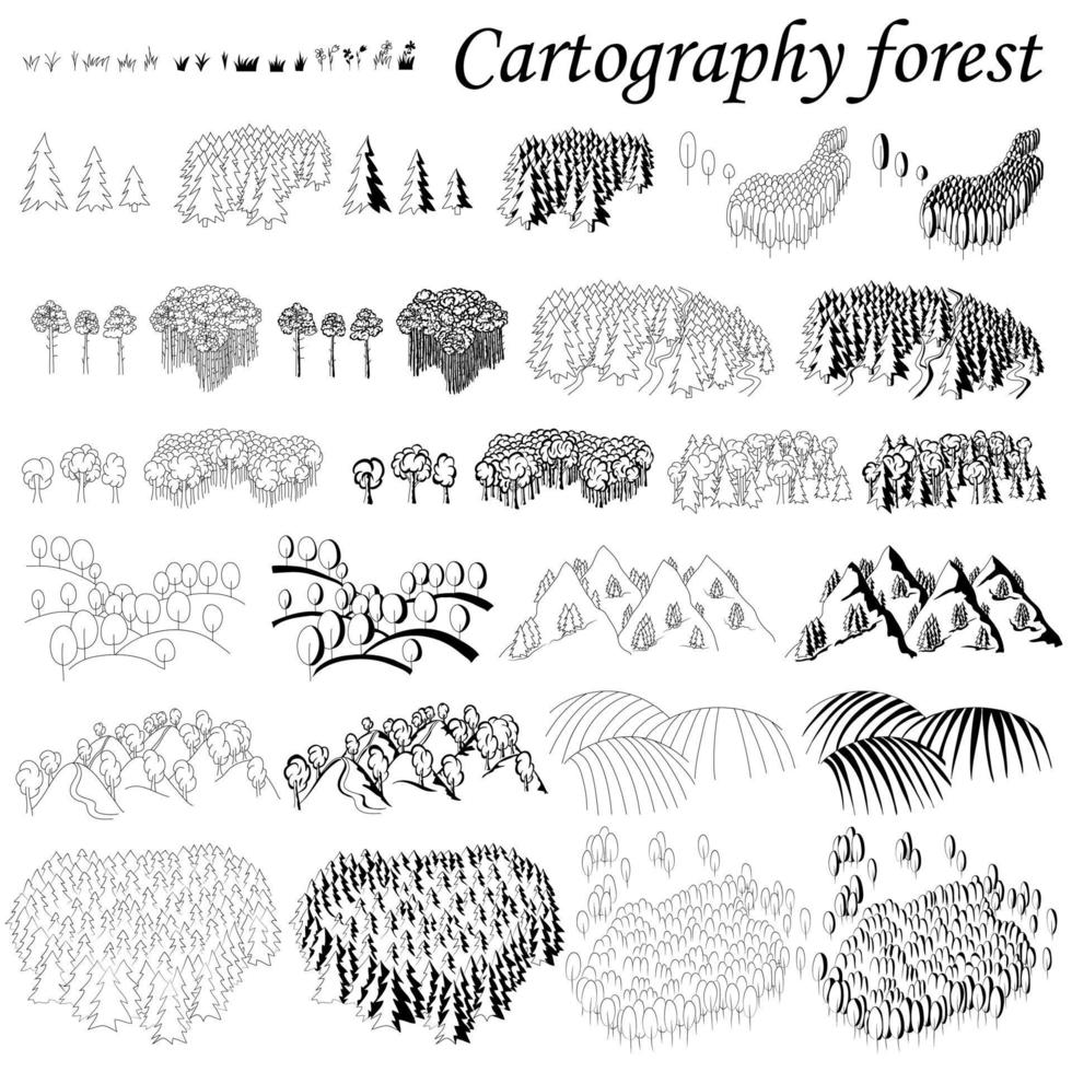 kartografi. element för att skapa kartor fantasi eller spel. skog och berg med skogar. svart och vit handritad uppsättning. vektor