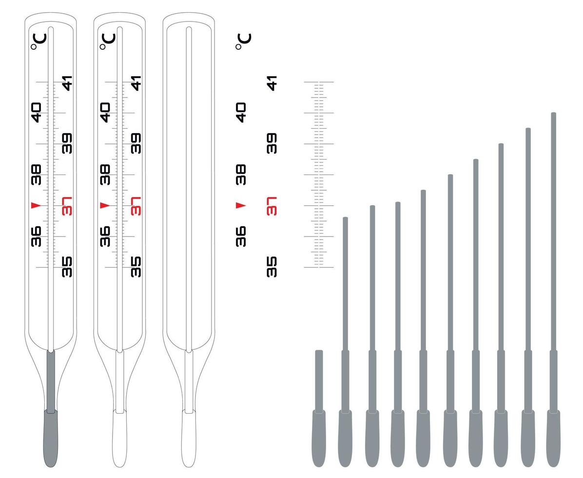 termometerkonstruktör för att mäta kroppstemperatur. celsius mätskala. kvicksilvertermometer. utförs som ett blankett för att illustrera ökningen eller minskningen av kroppstemperaturen. vektor